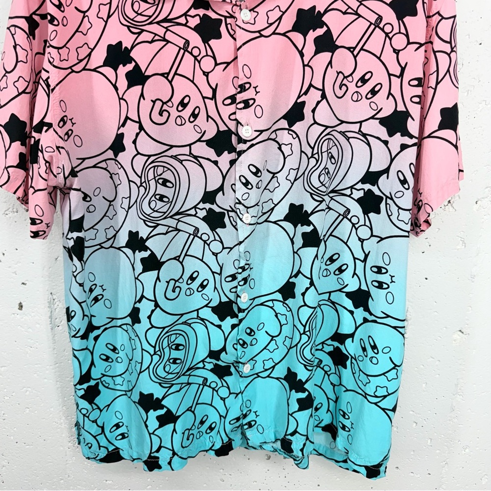 Nintendo Men’s XL Kirby Pink & Blue Short Sleeve Button Down Shirt - Picture 5 of 11